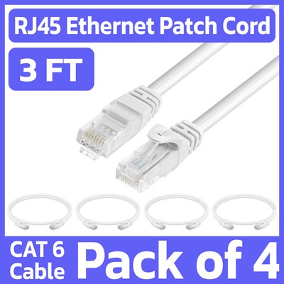 4 Pack White Cat6 Cable 3ft LAN Internet Patch Cord Ethernet Cable Network RJ45