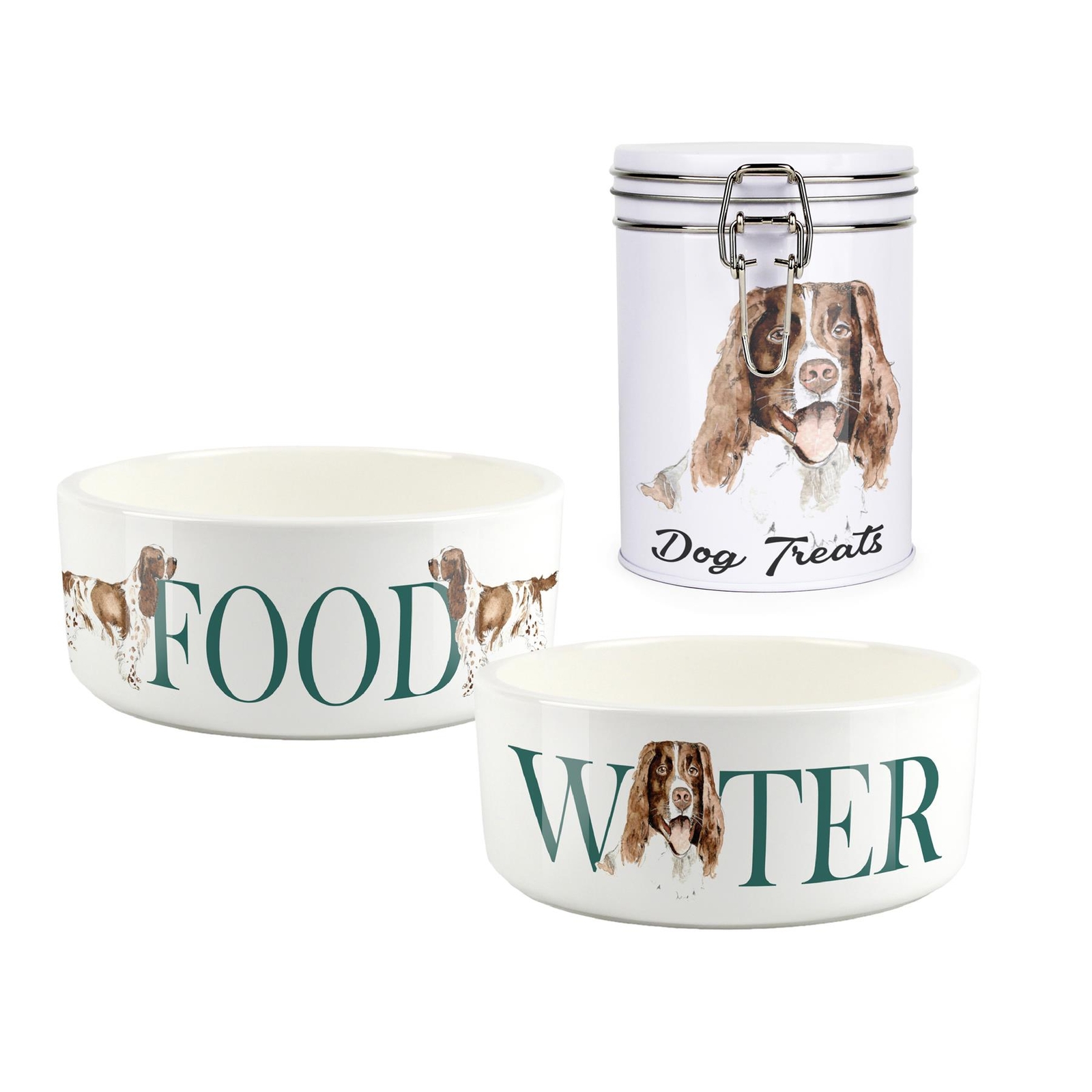 Springer Spaniel Pet Bowls & Treat Canister Set - Food/Water Gift for Dog Owners