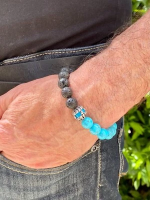 Bracelet homme /femme pierre naturelle ,argent sterling 925 ,turquoise, lave  - Photo 1/4