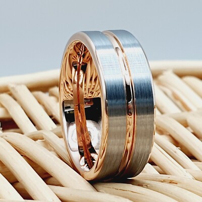 Scratch-Free 8mm Tungsten Carbide Ring Rose Gold Two-Tone Pipe Cut Silver Band