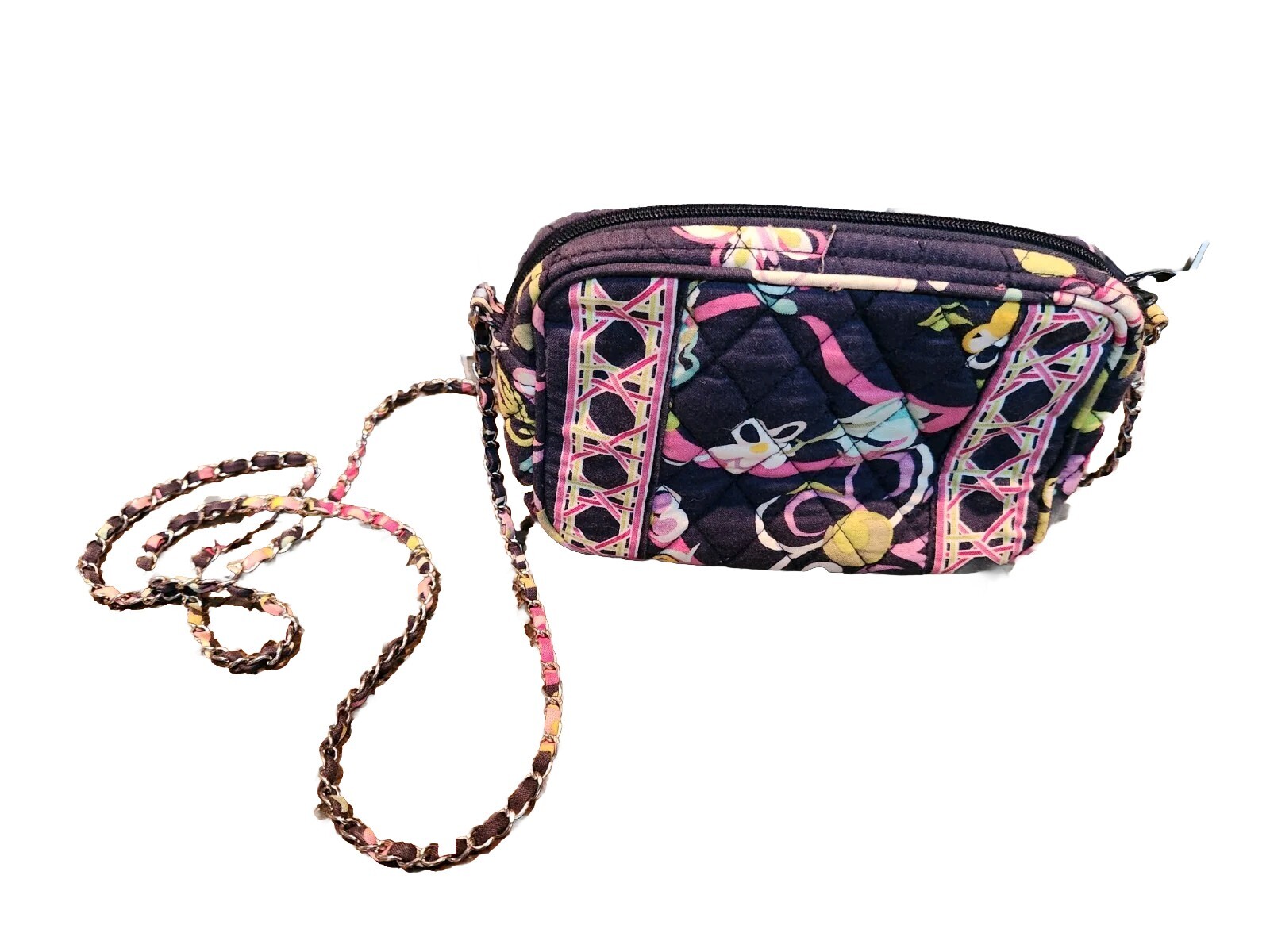 Vera Bradley Mini Chain Crossbody Purse Bag Ribbons Print Navy Pink Purple Green