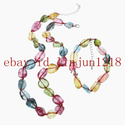 Pretty 10x15mm Multicolor Irregular Tourmaline Gemstone Necklace Bracelet Set