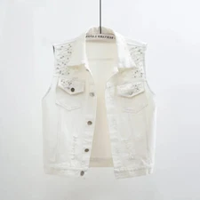 Women Denim Waistcoat Beaded Gilet Vest Outerwear Sleeveless Coat Jacket Top
