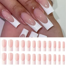 24 Pcs False Nails Glossy Nude French Long Square Nail Extension Reusable Women