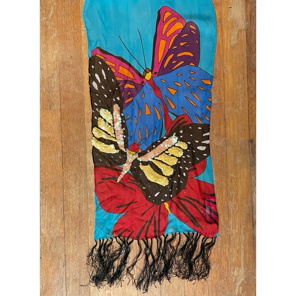 复古亮片蝴蝶丝绸围巾 1990 年代长方形五颜六色的领巾带条纹 — 第 2/4 张图片