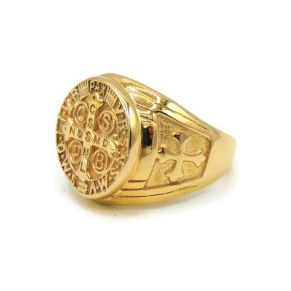 Alternate view of Gold Plated Saint Benedict Medal Men’s Ring, Religious Cross Design, Vintage Cat