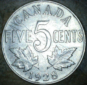 1928 Canada Circulated Five 5 Cent Nickel Coin Canadian King George V