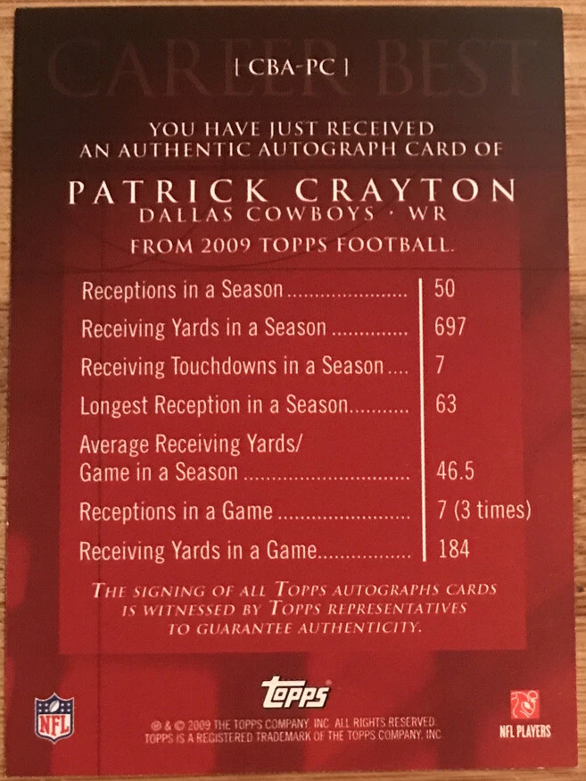 2009 Topps Career Best Autographs Patrick Crayton CBA-PC Dallas Cowboys - Image 2 of 2