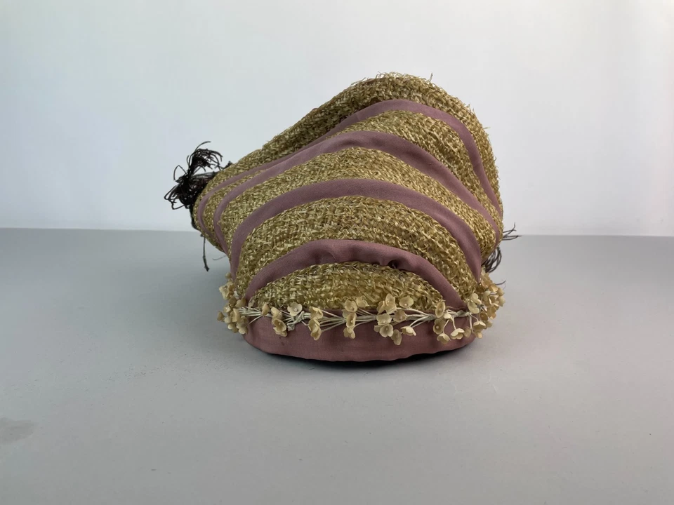 Antique 1915 WW1 Era Ladies Straw Floral Ribbon Feather Hat 26.5" Brim - Image 4 of 4