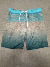 Hurley Men's Board Shorts Gray Blue Striped Swim Trunks Surf Beach 32W.