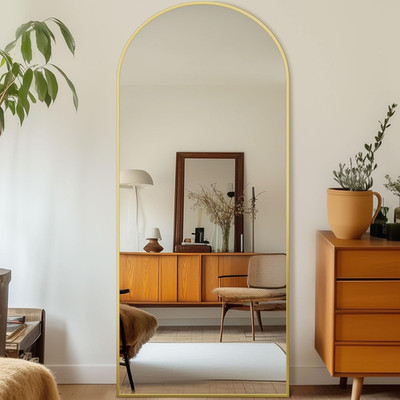 Gold Arched Full Length Mirror 71''x28'' with Stand - Elegant Aluminum Frame