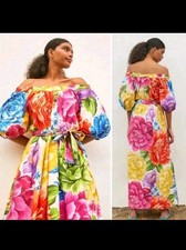 Farm Rio Rainbow Chita Off Shoulder Puff Sleeve Maxi Dress Women's Small Pockets