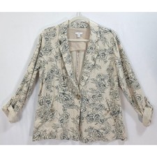J Jill Blazer Linen Blend Beige Green Floral Toile Roll Tab S Office Neutral