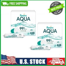 2 Box Pampers Aqua Pure Baby Wipes, 99 Water, Unscented, 8-Pack 448 Total Wipes