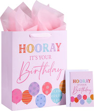 Large Birthday Gift Bag Set, Pink Balloon Theme, 13x10.2x6 Inch with Tissue Pape