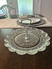 Clear Glass Tidbit Tray Goodies Serving Dish Silver Handle Vintage Brockway