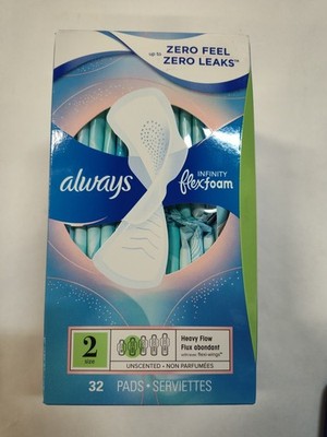 Always Infinity FlexFoam SIZE 2 Heavy Flow Pads 10hr Leak Guard Flex-wing 32ct
