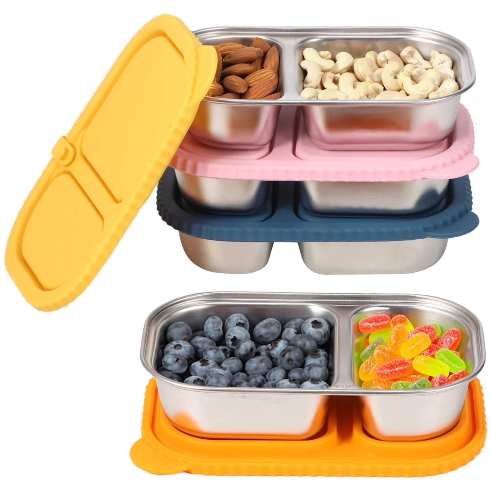 4-Piece Stainless Steel Snack Boxes with 2 Compartments & Leakproof Silicone ...