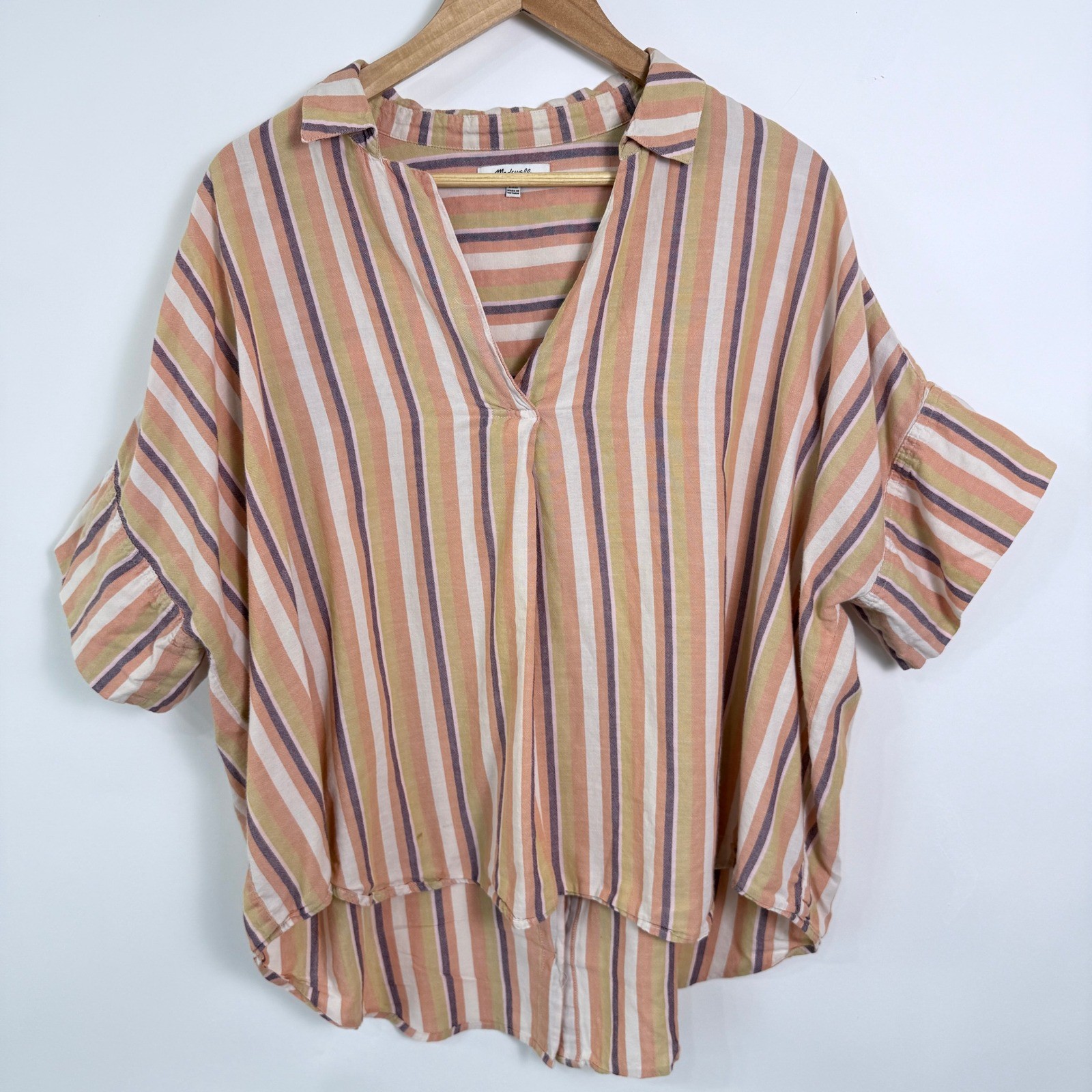 Madewell Courier Button Back Popover Top Size XXL Rainbow Stripe Boxy Oversized