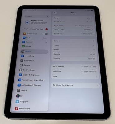 Apple iPad Air 4th Gen A2316 64GB, Space Gray, 10.9