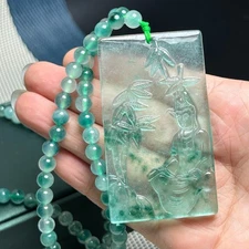  Natural Icy Green Flower Jade Jadeite KwanYin Pendent &Necklace竹林观音