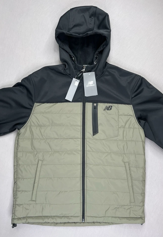 New Balance Puffer Jacket Fleece Lined Hooded Full Zip Green Mens Size Medium - Image 2 of 4