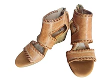 Sofft Womens Madison Tan Leather Cut Out Stacked Heel Wedge Sandals Heels- Sz. 7