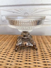 Vintage 60's Hollywood Regency Glass Silver Plate Compote Candy Bowl Footed