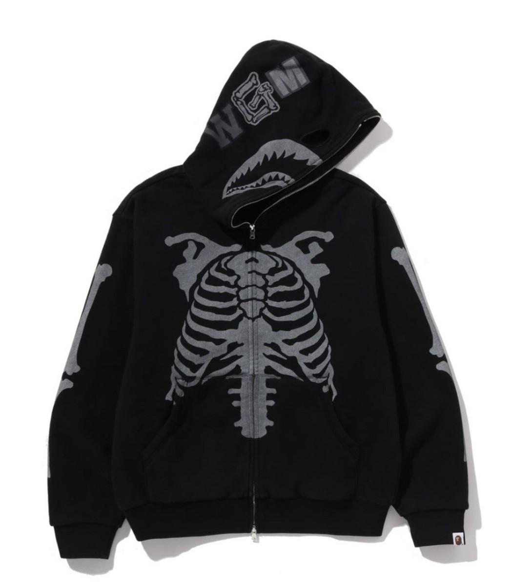 auth ape bape skeleton shark heavy washed cropped fit full zip