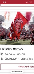 2- Football Tickets For Ohio State University VS Maryland.  10/10/2026
