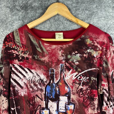 Jess Jane Shirt Women M Red Wine Tasting Sparkle Cotton Art to Wear Made USA