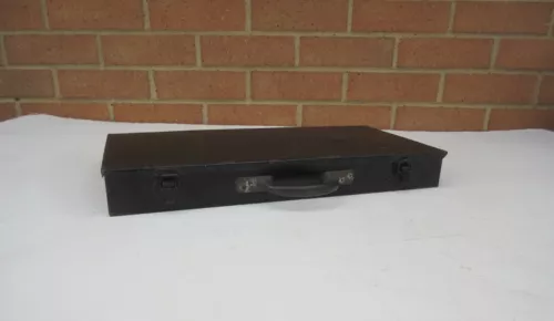Vintage small shallow black metal tool storage box case empty