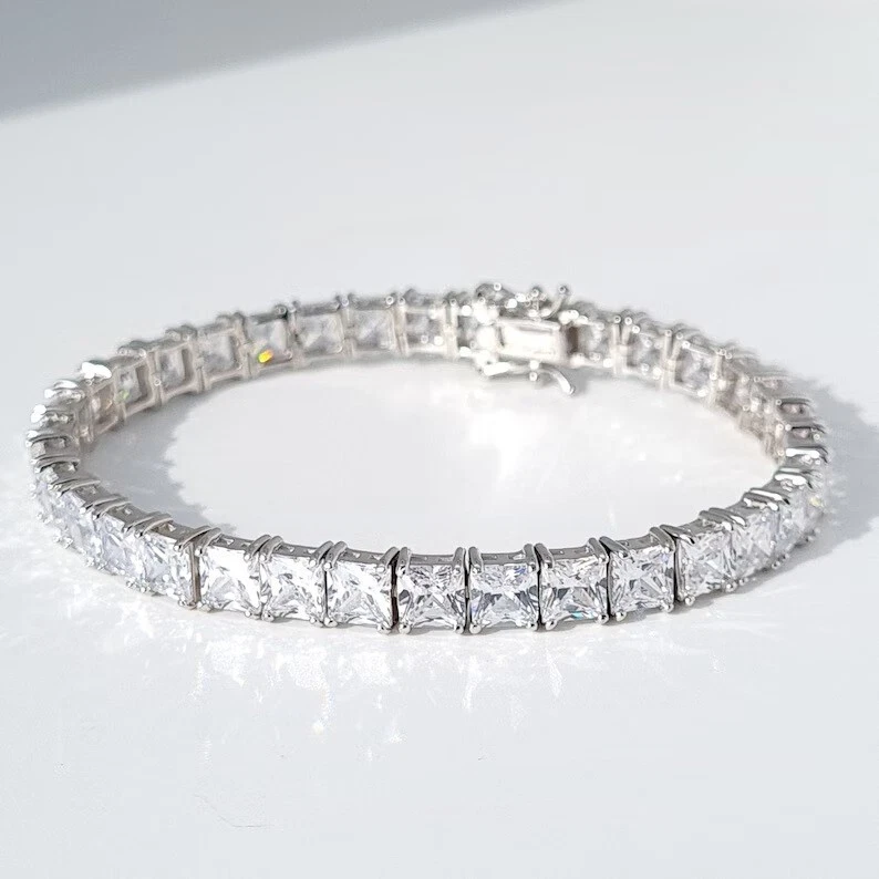 25Ct 5mm Princess Lab Created Diamond Mens Tennis Bracelet 14K White Gold Plated - Image 3 of 4