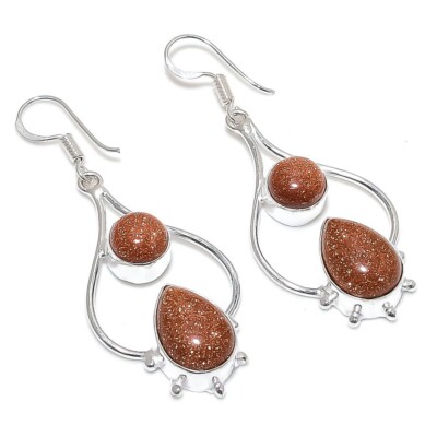Goldstone Gemstone Handmade 925 Sterling Silver Jewelry  Earring Size 2.5''