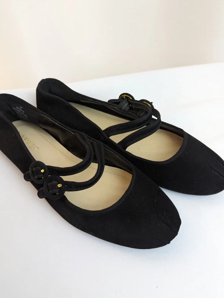 Nine West Ballet Round Toe Double Strap Black Suede Flat Shoes Size 7 Balletcore - Image 2 of 4