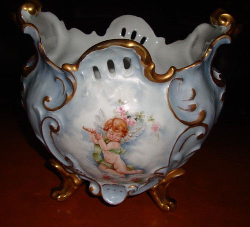 LIMOGES GIRAUD FRANCE HAND PAINTED VASE JARDINIERE PLANTER ANGELS & ROSES 9 1/2"