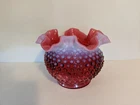 Vtg Fenton Hobnail Dark Pink/Red Cranberry Opalescent 5" Ruffled-Edge Vase