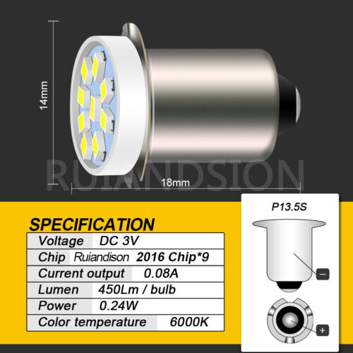P13.5S LED Flashlight Torch Light Bulb Upgrade Replace Lamp 3V 4.5V 6V 12V 18V - Picture 2 of 8