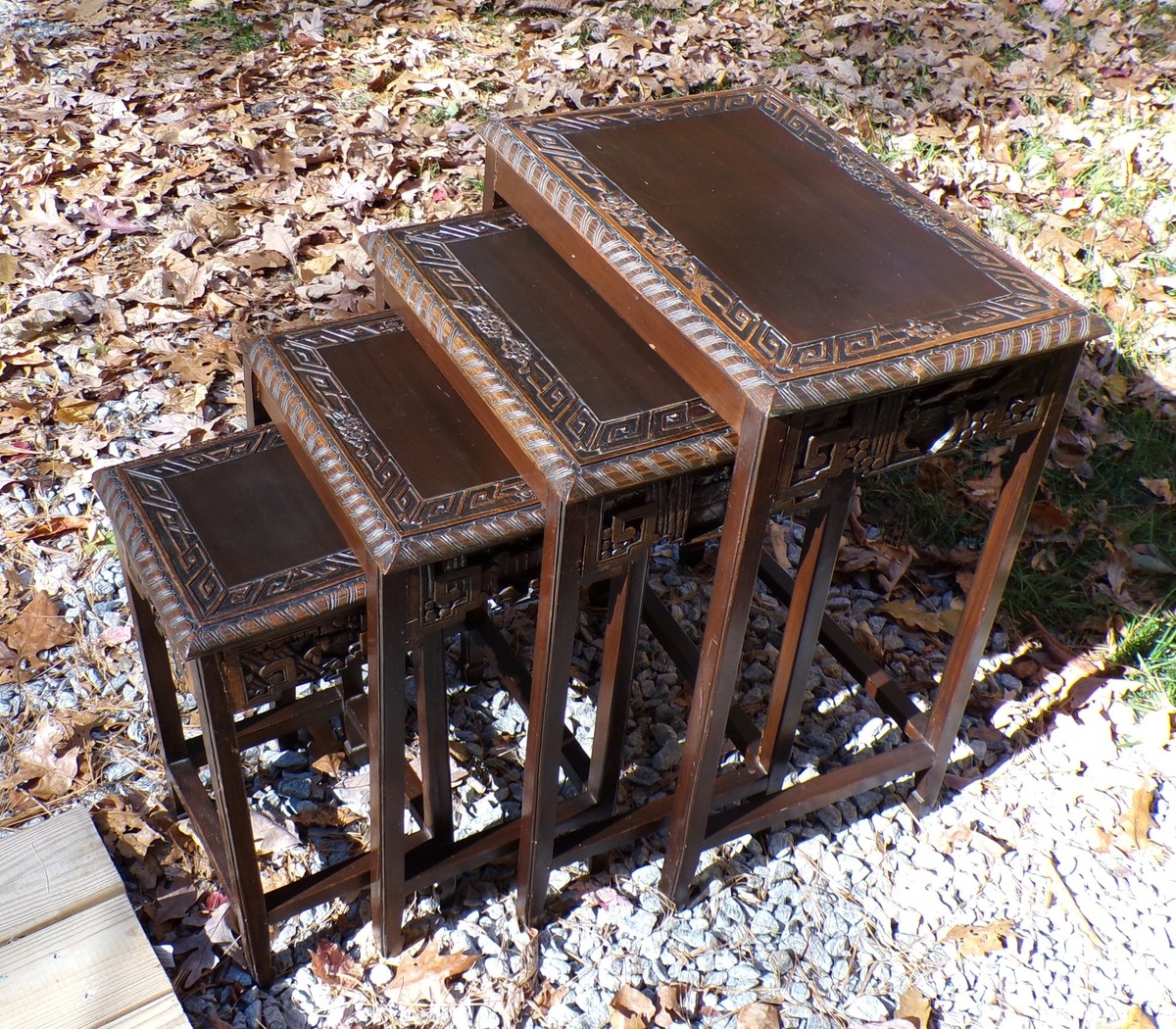 Vintage Set of 4 Asian Solid Wood Hand Carved Nesting Tables | eBay