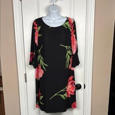 AK Ann Klein Women's Floral Black Dress with Pink and Green Accents Size M