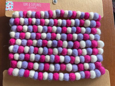 Valentine's Decor Wool Pom Garland 12 ft Pink Purple Ivory Love