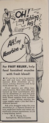 1947 Print Ad Absorbine Jr. Fast Relief Aching Muscles Ice Skater Painful Legs