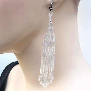Handmade Beaded White Bugle Seed Bead Earrings