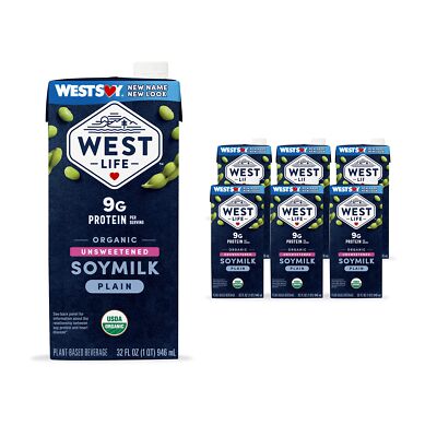 West Life Unsweetened Plain Soymilk 32 Fl Oz Pack of 6 Dairy Free Vegan Glute...