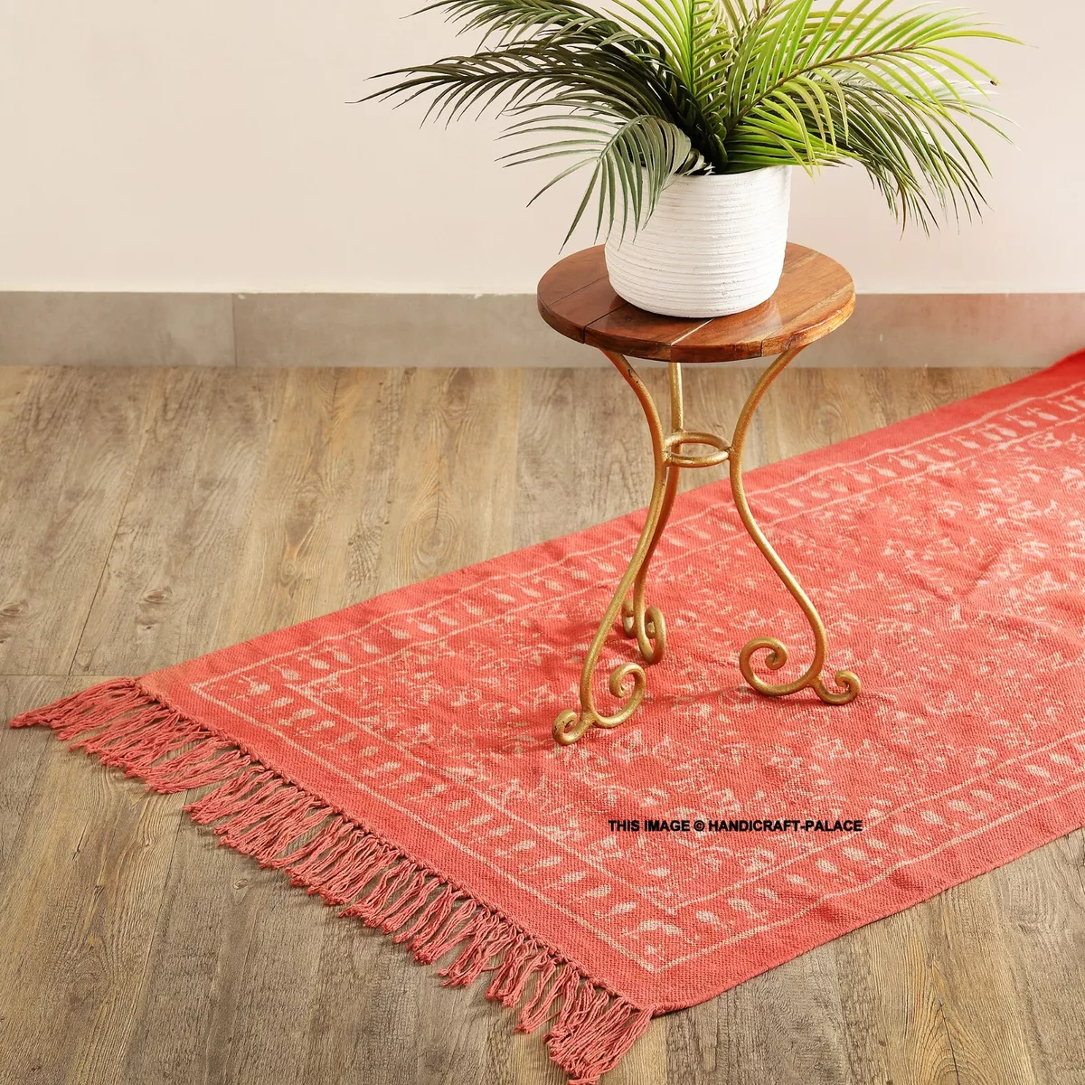 Handmade Area Rug Cotton Pink Kilim Dhurrie Hand Block Printed