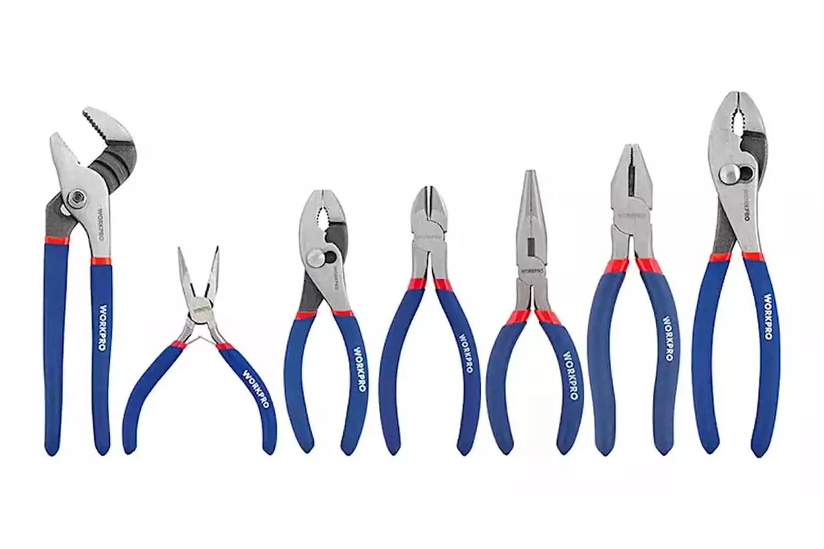 A seven-piece Workpro pliers set, displayed on a white background.