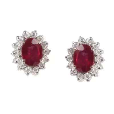 2 CT Oval Cut Lab Created Red Ruby Women Halo Stud Earrings 925 Sterling Silver