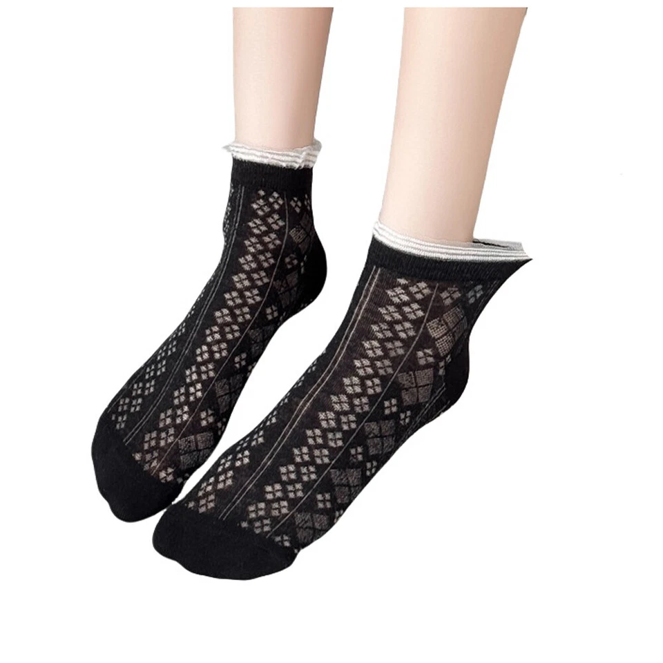 5 Pairs Women Lace Edged Mesh Socks Low Tube Summer Checked Hollow Cotton Socks - Image 3 of 4