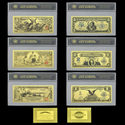 1896 and 1899 Years US 1 2 5 Dollars 6pcs/set Gold Foil Banknotes in Sleeve