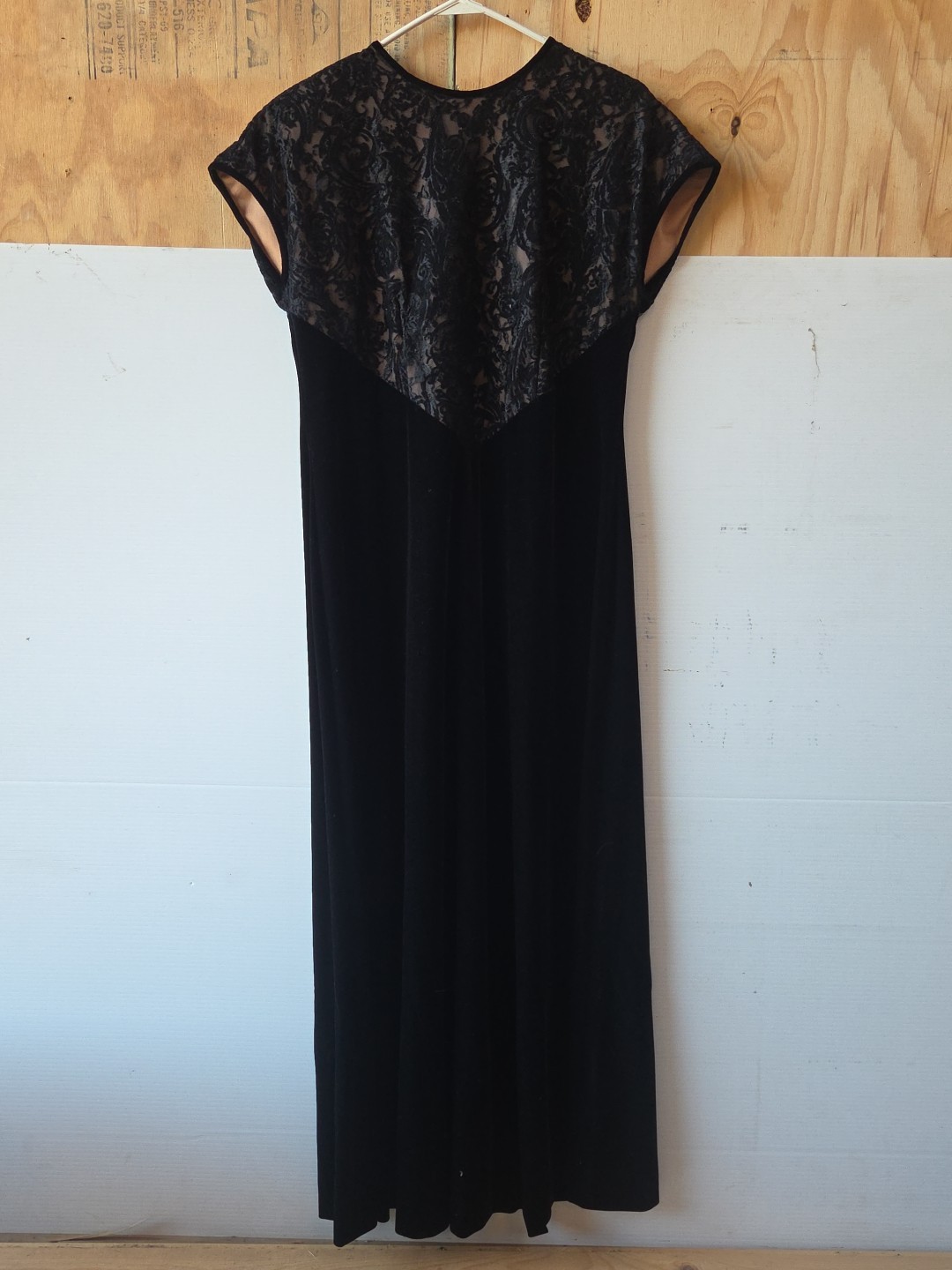 Vtg Y2K Black Velvet Sheer Mesh Floral Maxi Dress M Fairy Gothic - C1